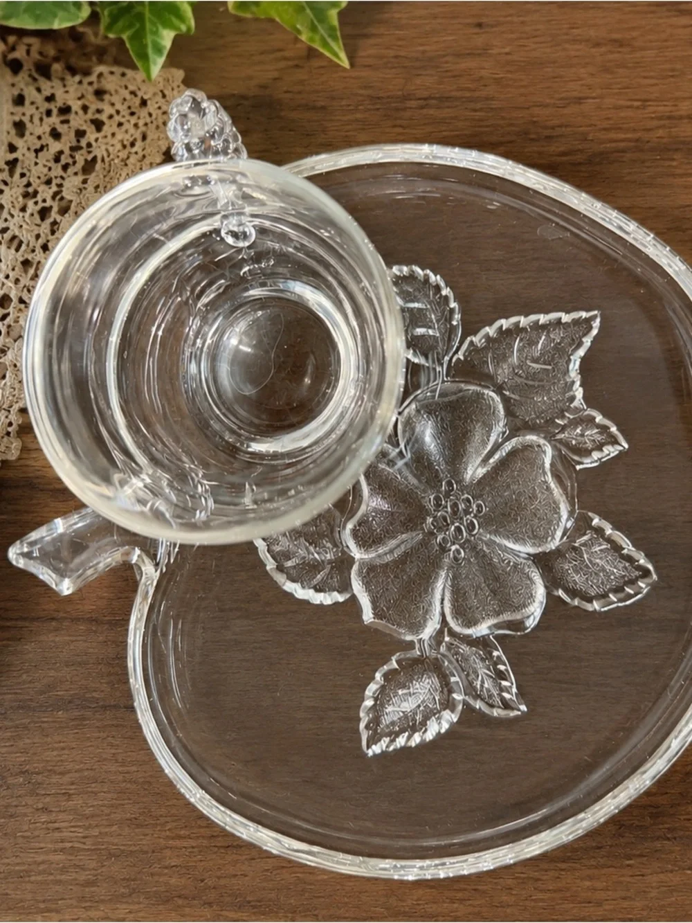 Vintage Hazel Atlas Wild Rose Clear Glass Snack Set Cup & Apple Plate 2 Pc
